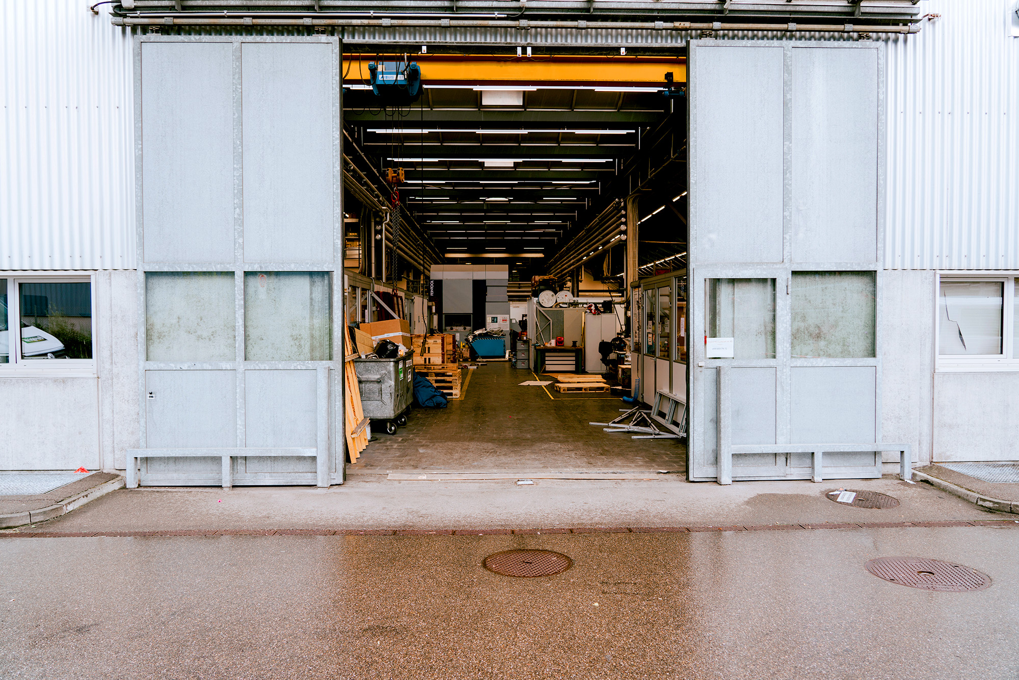 Open warehouse door looking in